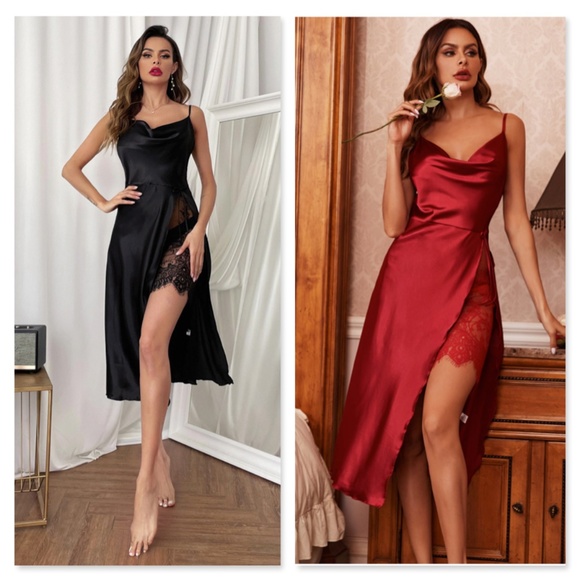 White Satin Lace Detail High Slit Night Slip - Picture 11 of 11